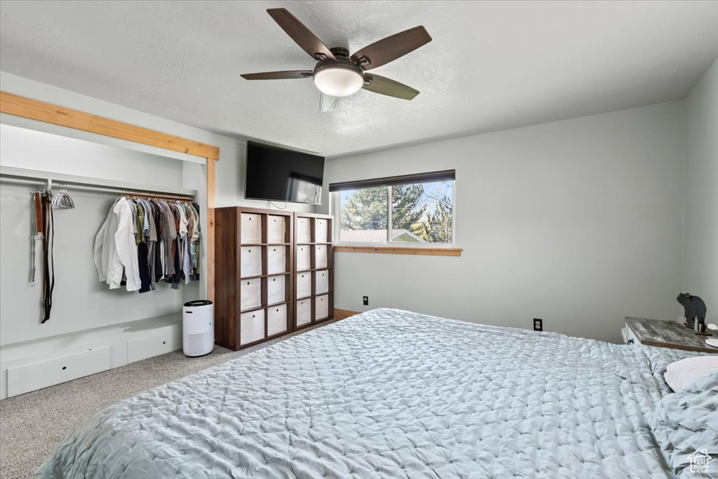 Bedroom featuring a closet, a ceiling fan, and carpet floors