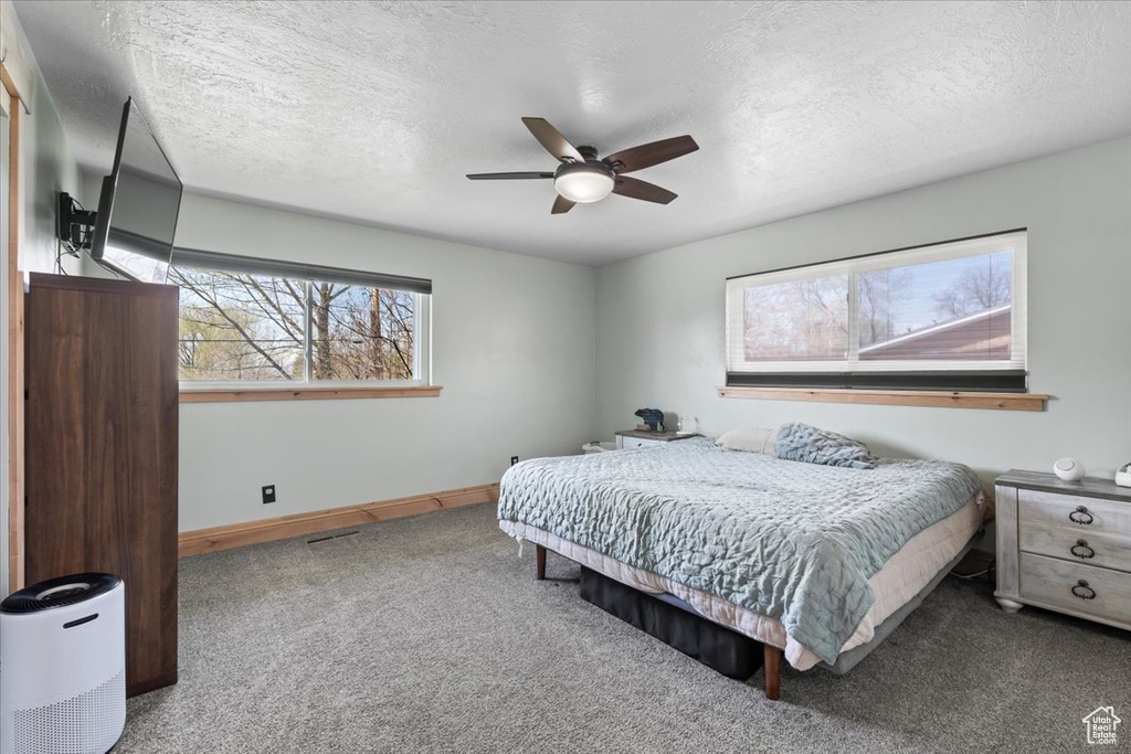 Carpeted bedroom featuring baseboards, ceiling fan, and a textured ceiling