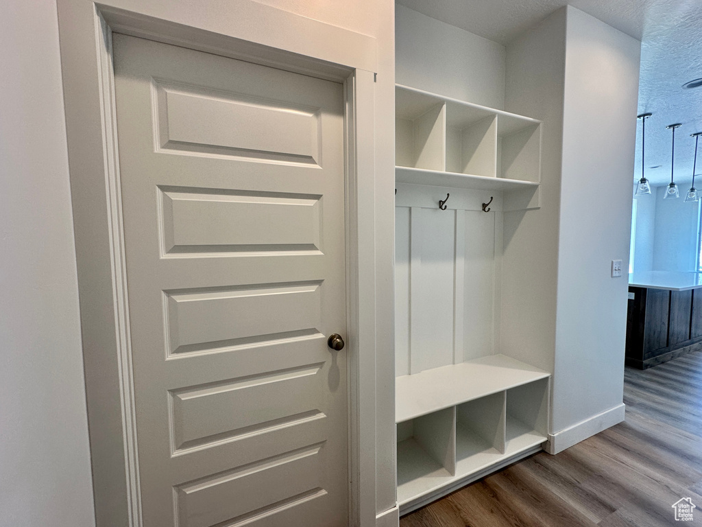 Mudroom with dark wood finished floors and baseboards