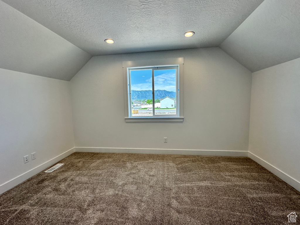 Bonus room with vaulted ceiling, carpet flooring, and a textured ceiling