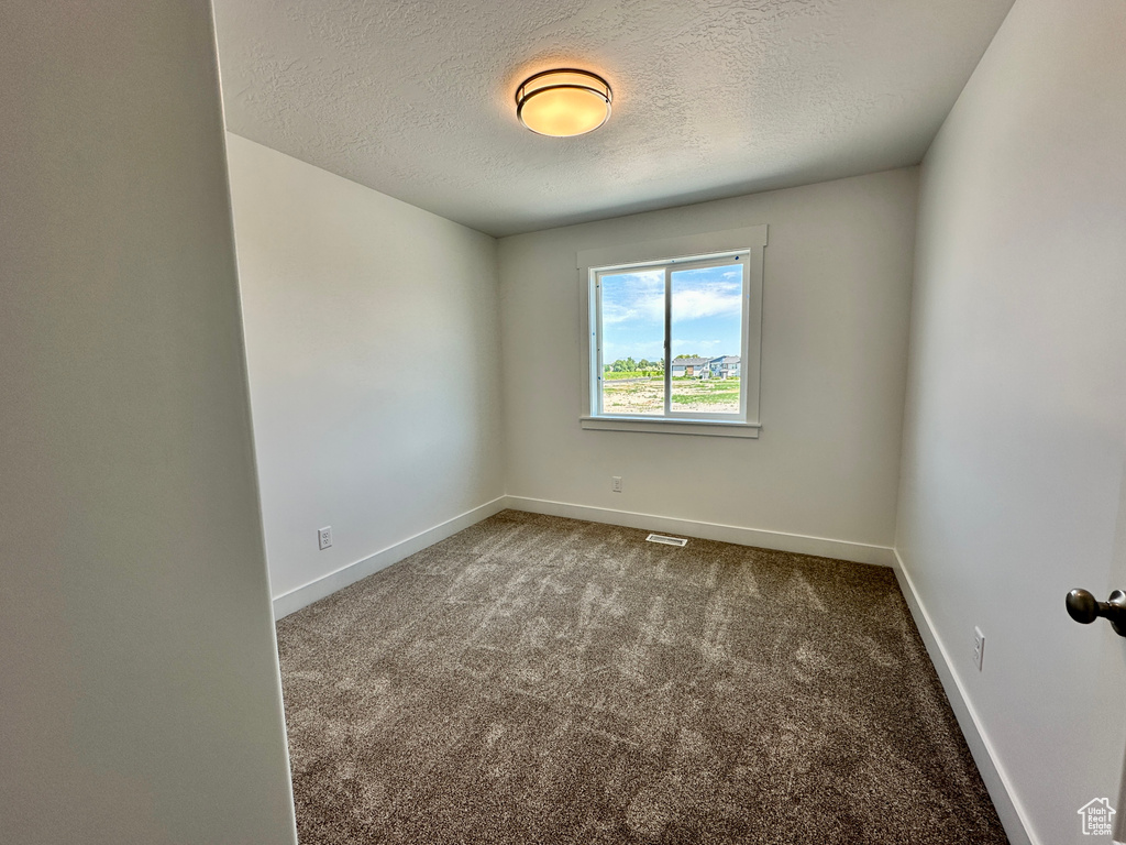 Carpeted empty room featuring a textured ceiling and baseboards