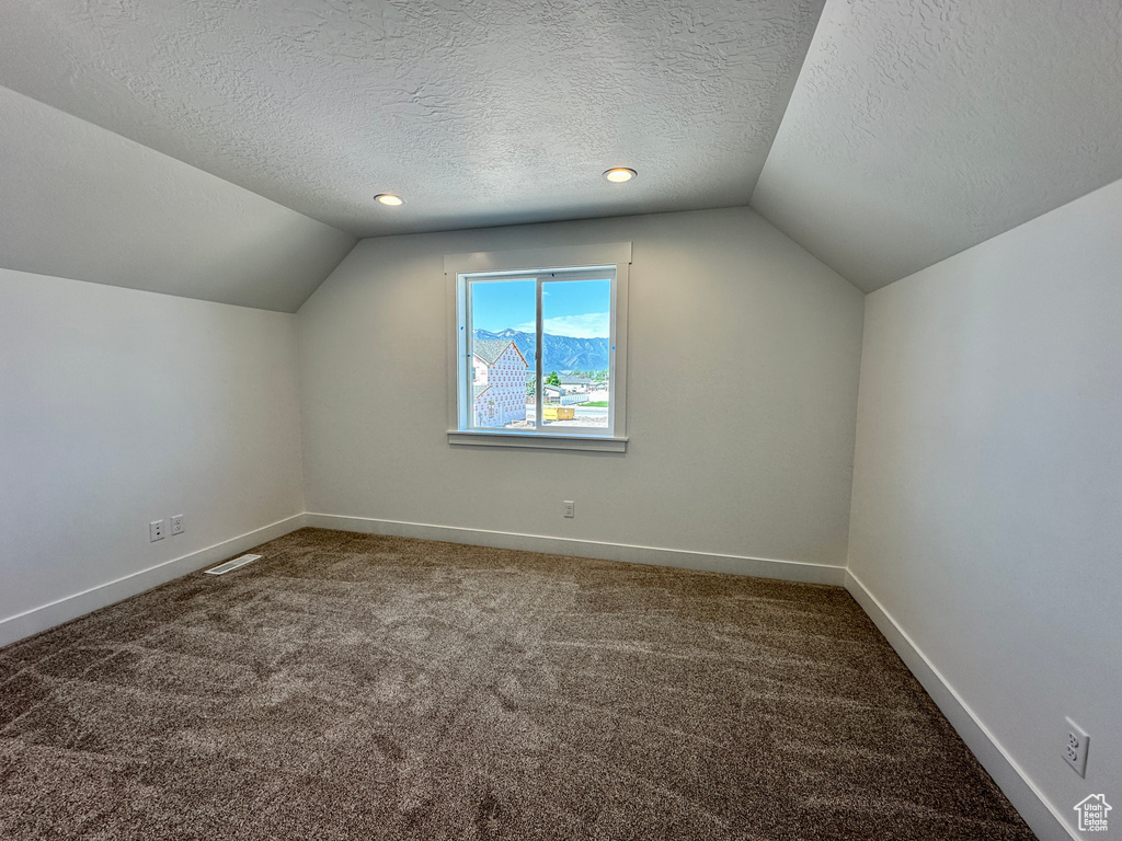 Bonus room with vaulted ceiling, carpet, and a textured ceiling