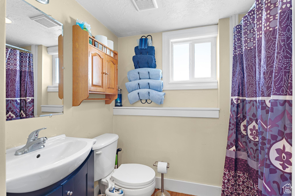 Bathroom featuring vanity, visible vents, a textured ceiling, and toilet