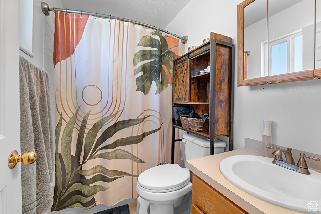 Full bathroom with vanity, a shower with curtain, and toilet