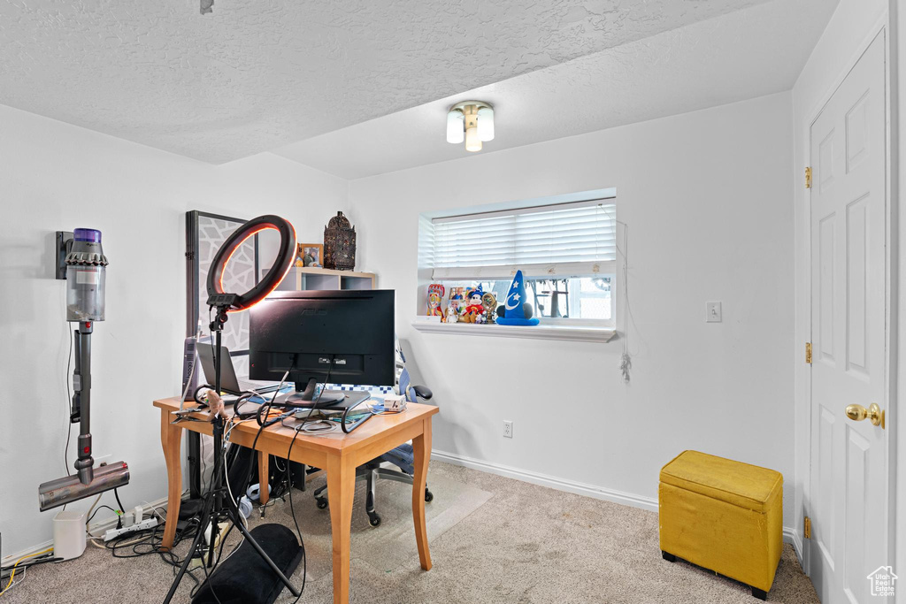 Carpeted office space featuring a textured ceiling and baseboards