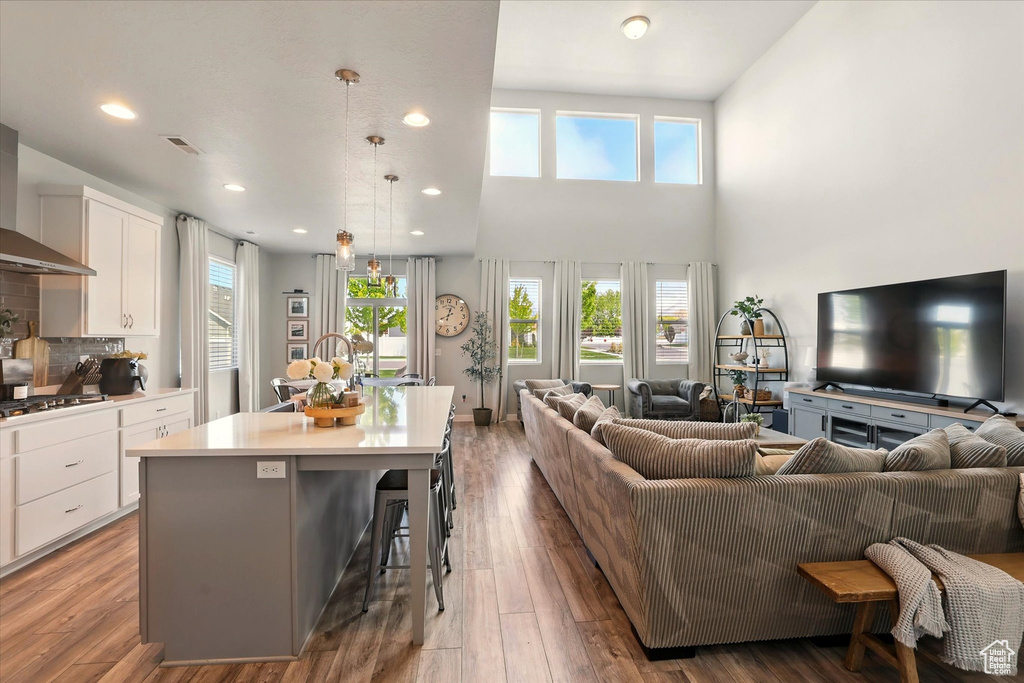 Kitchen with open floor plan, stainless steel gas cooktop, a kitchen island with sink, white cabinetry, and light countertops