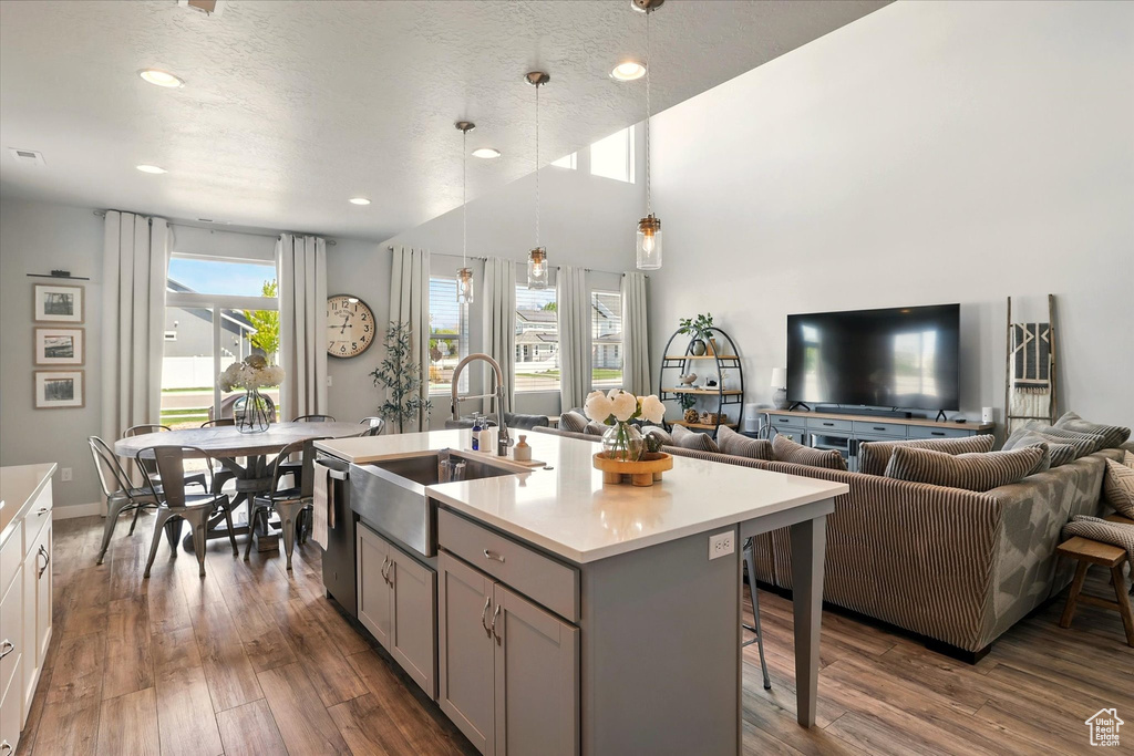 Kitchen with a sink, gray cabinets, dishwasher, open floor plan, and dark wood-style flooring