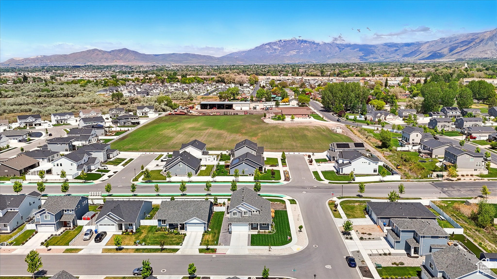 Aerial view of residential area with mountains