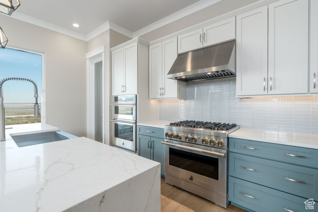 Kitchen with under cabinet range hood, appliances with stainless steel finishes, crown molding, a sink, and light wood-style floors