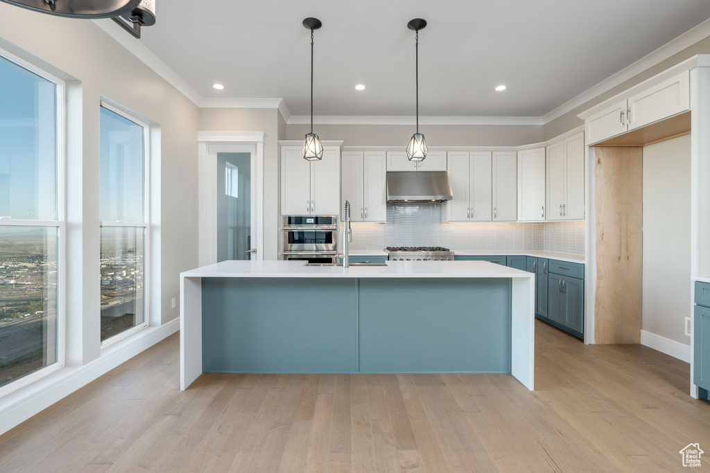 Kitchen with a sink, under cabinet range hood, light countertops, crown molding, and light wood-style flooring