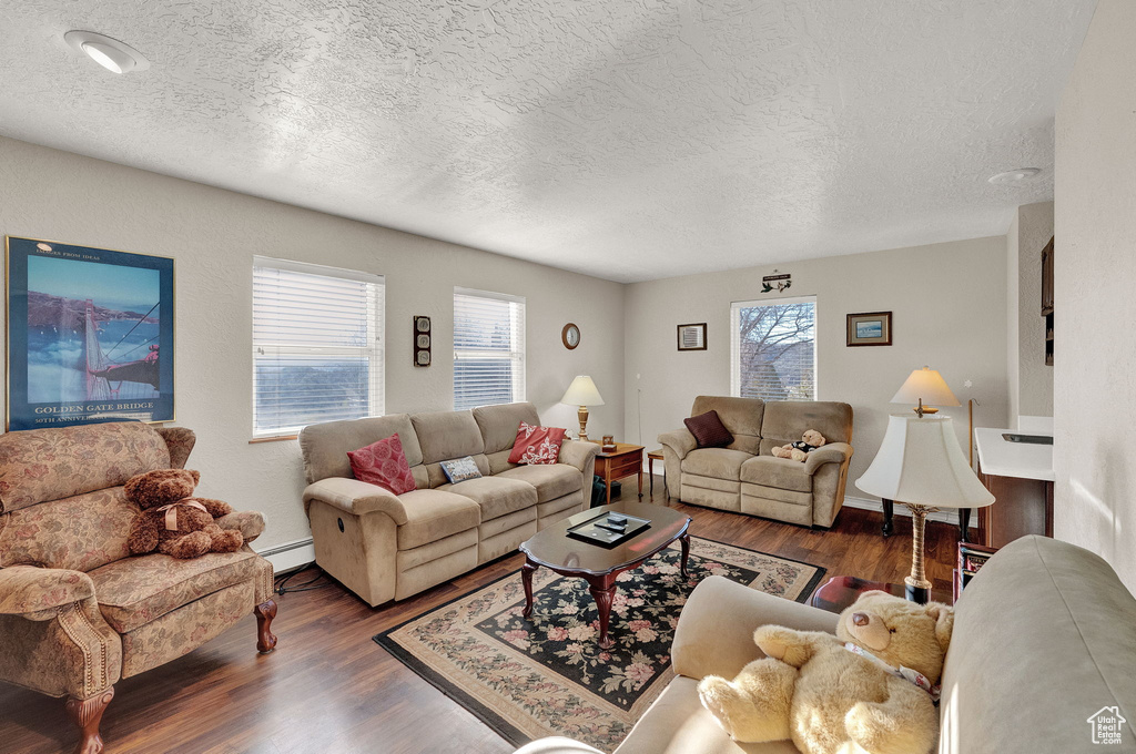 Living room with a baseboard heating unit, a textured ceiling, and wood finished floors