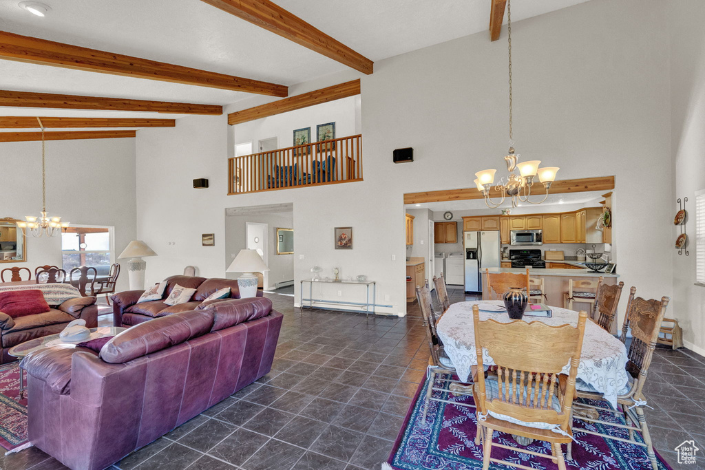 Dining area featuring high vaulted ceiling, baseboards, beamed ceiling, and a notable chandelier