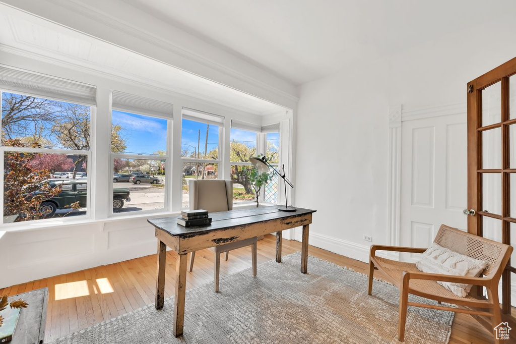 Office with light wood-style floors, baseboards, and plenty of natural light