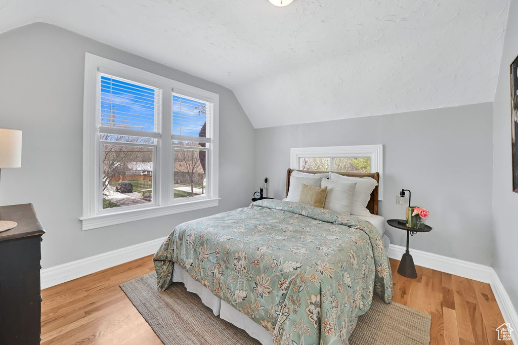 Bedroom featuring baseboards, multiple windows, and vaulted ceiling