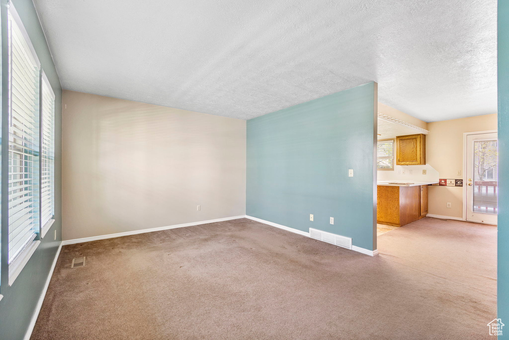 Unfurnished living room featuring visible vents, plenty of natural light, and light carpet