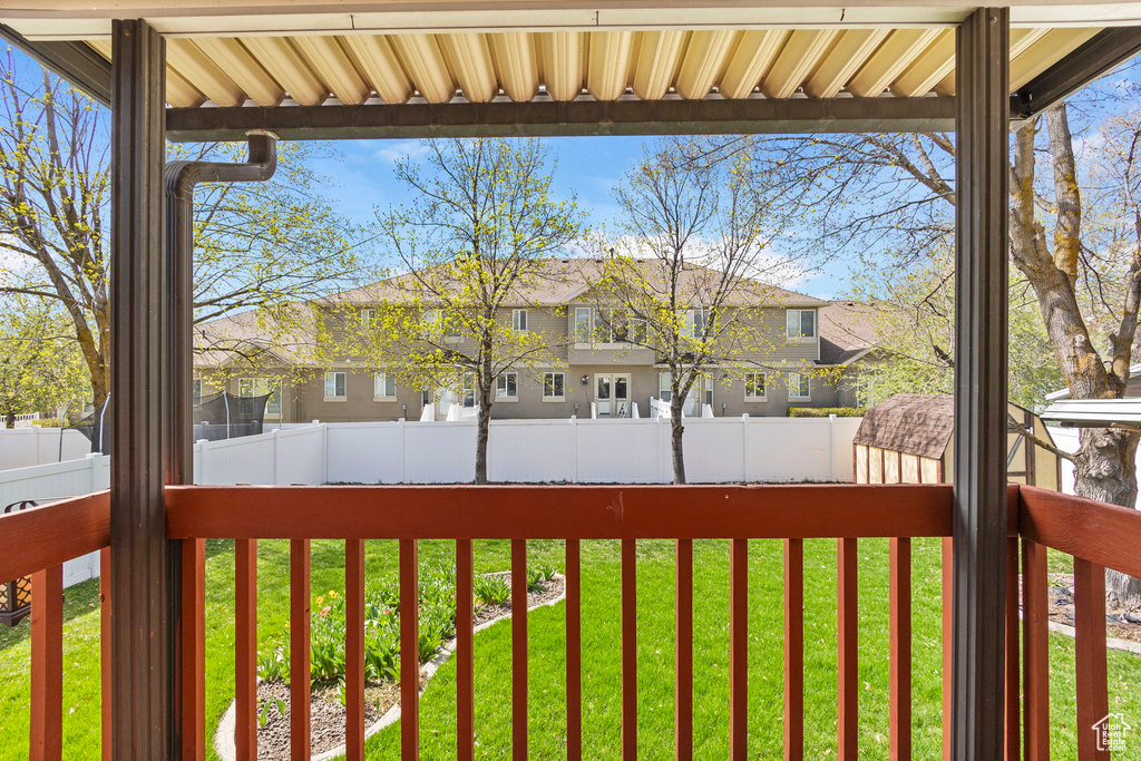 Exterior space featuring a fenced backyard and a residential view