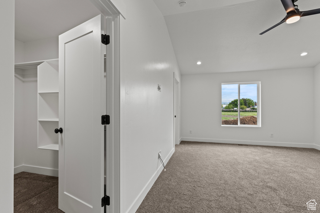 Spare room with baseboards, carpet flooring, ceiling fan, and recessed lighting