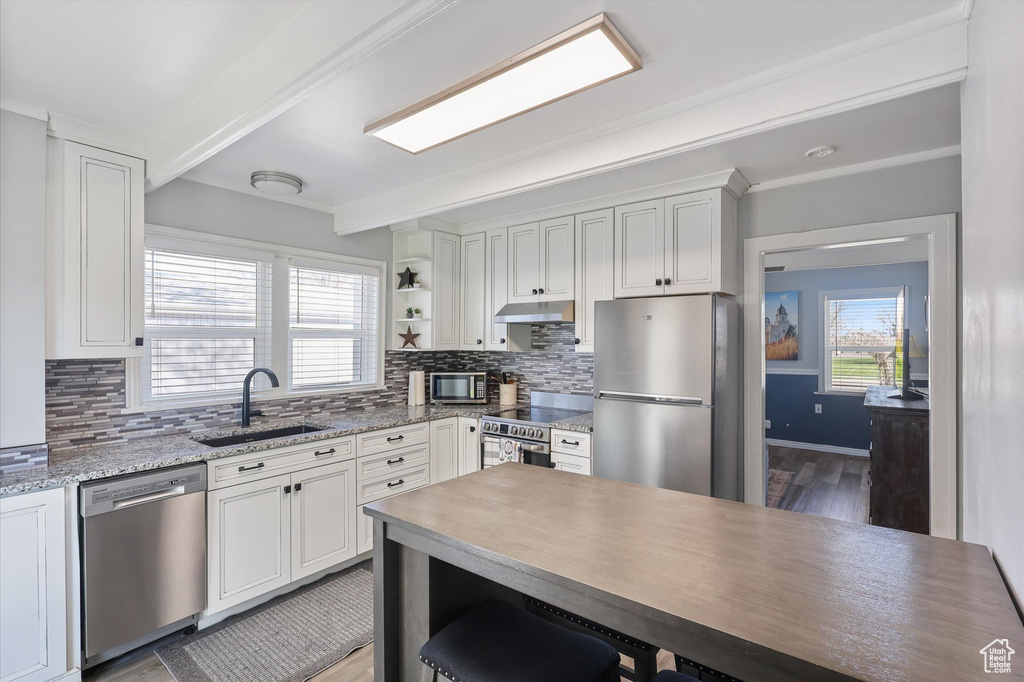 Kitchen with open shelves, a sink, under cabinet range hood, light wood finished floors, and stainless steel appliances