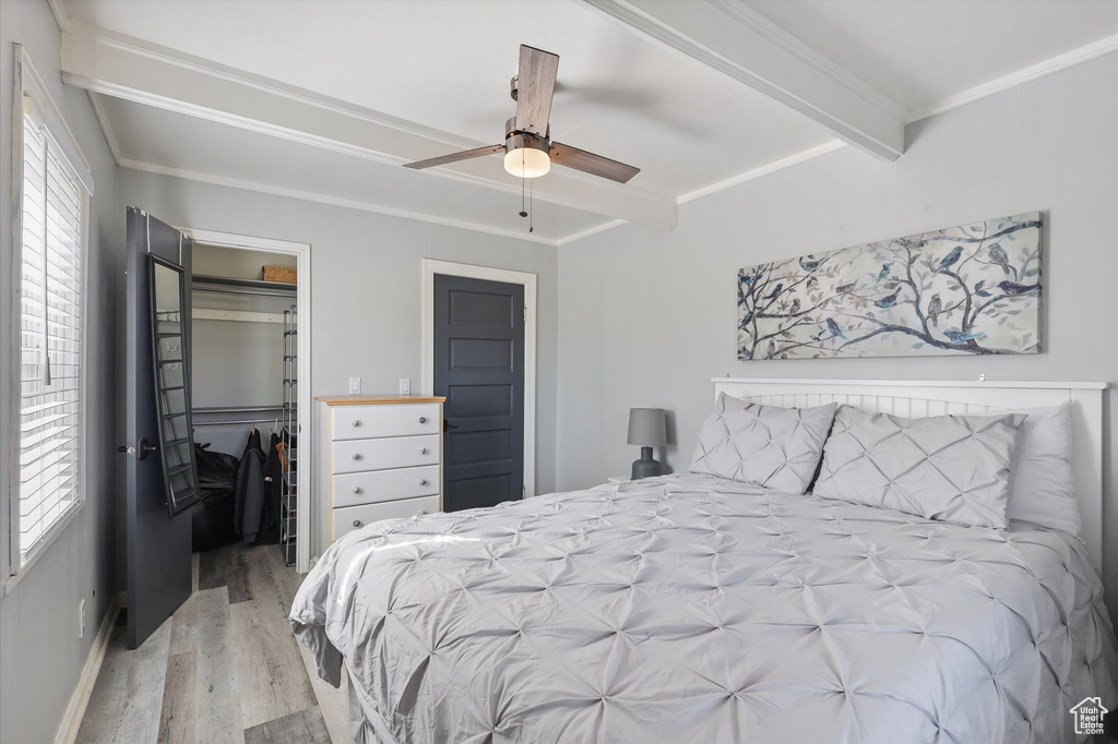 Bedroom featuring a closet, crown molding, a walk in closet, beam ceiling, and wood finished floors