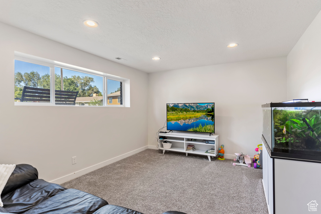 Living room featuring visible vents, baseboards, recessed lighting, and carpet flooring