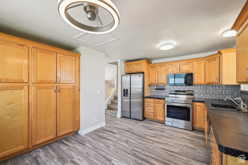 Kitchen with a sink, light wood-type flooring, decorative backsplash, and appliances with stainless steel finishes