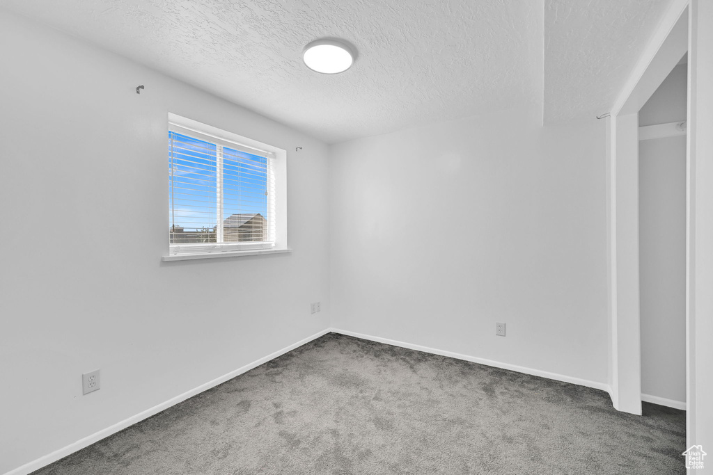 Unfurnished room with a textured ceiling, carpet flooring, and baseboards