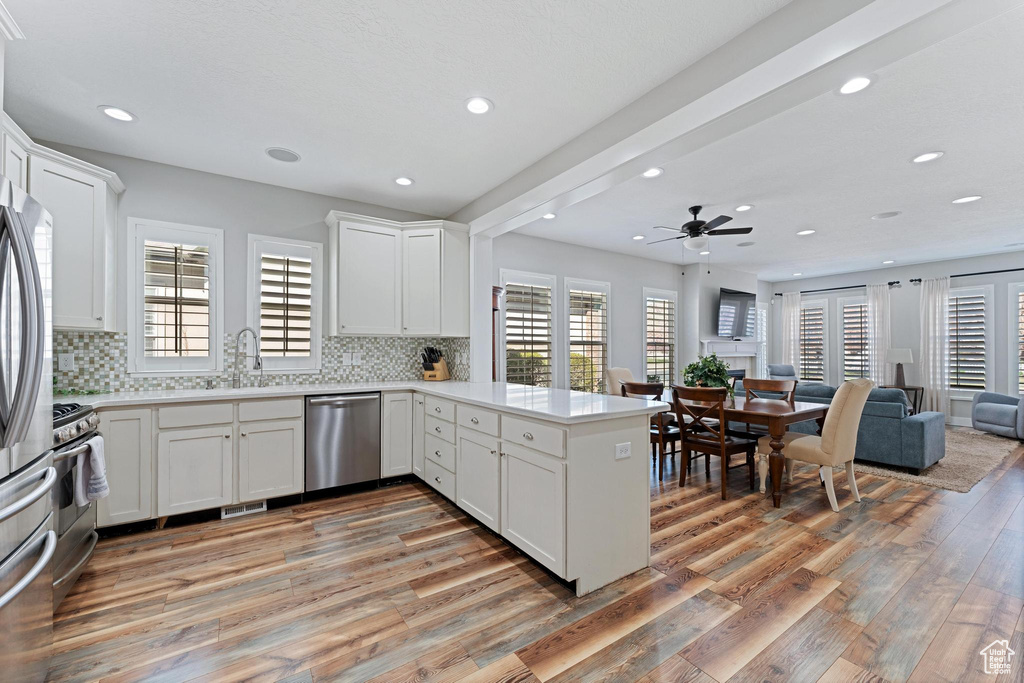 Kitchen with open floor plan, appliances with stainless steel finishes, a peninsula, recessed lighting, and light wood finished floors