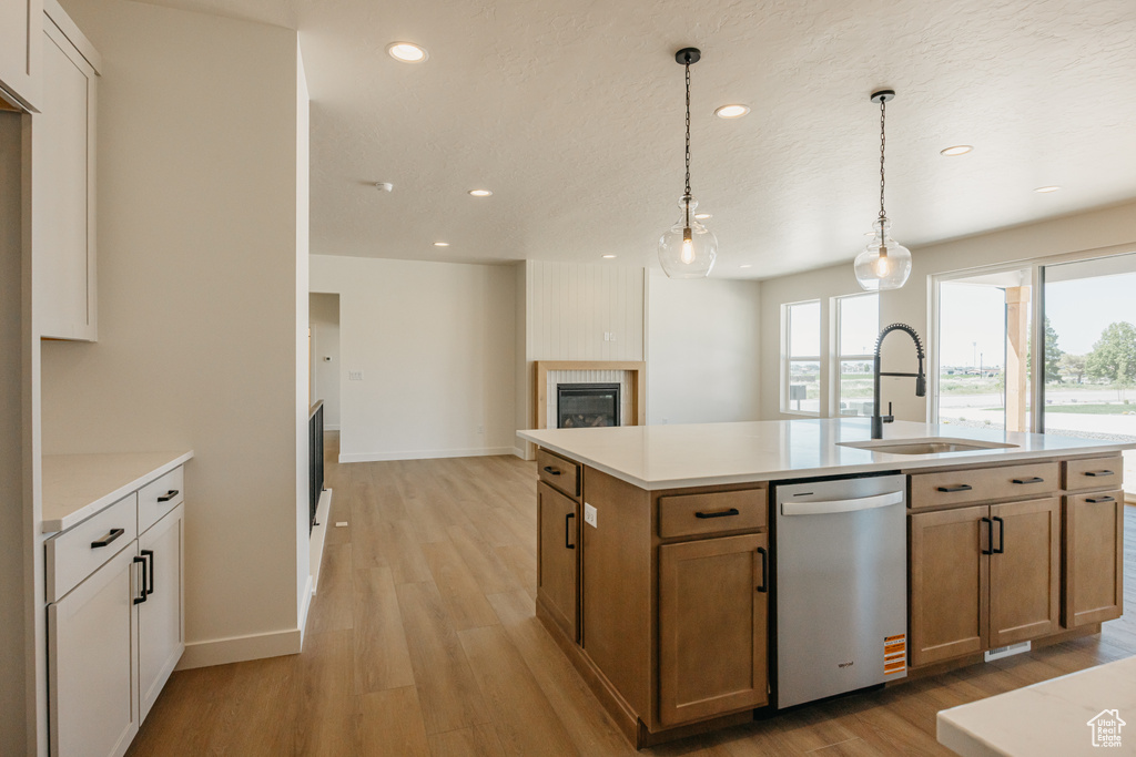 Kitchen featuring a sink, dishwasher, light wood-type flooring, healthy amount of natural light, and recessed lighting