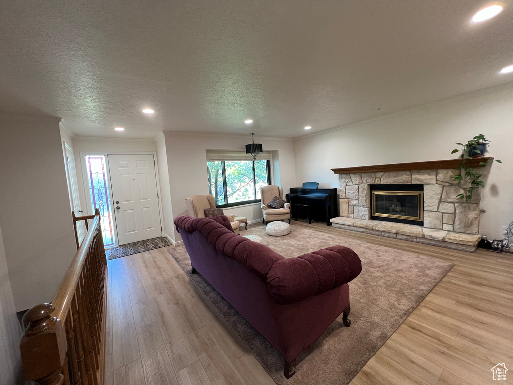 Living room featuring crown molding, recessed lighting, wood finished floors, and a fireplace