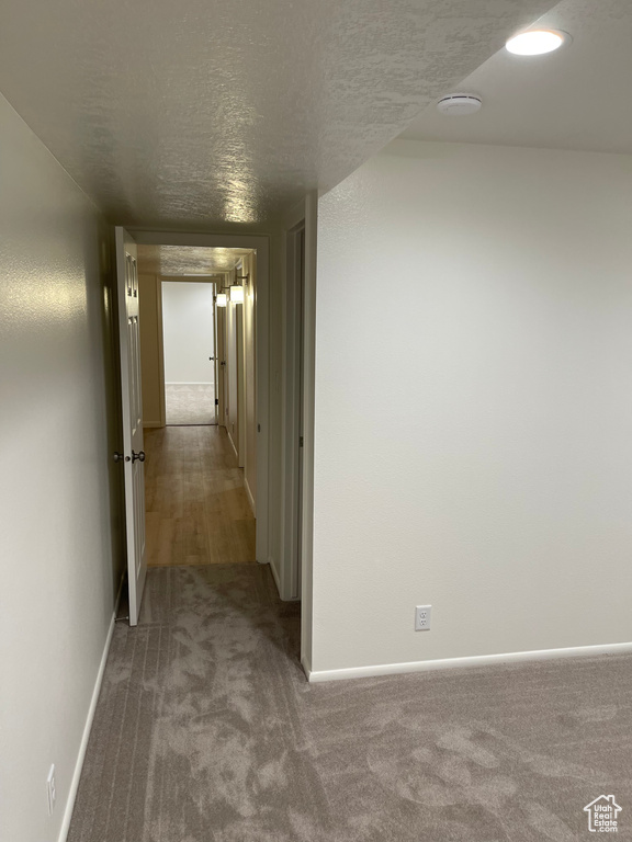 Hall with carpet floors, baseboards, and a textured ceiling