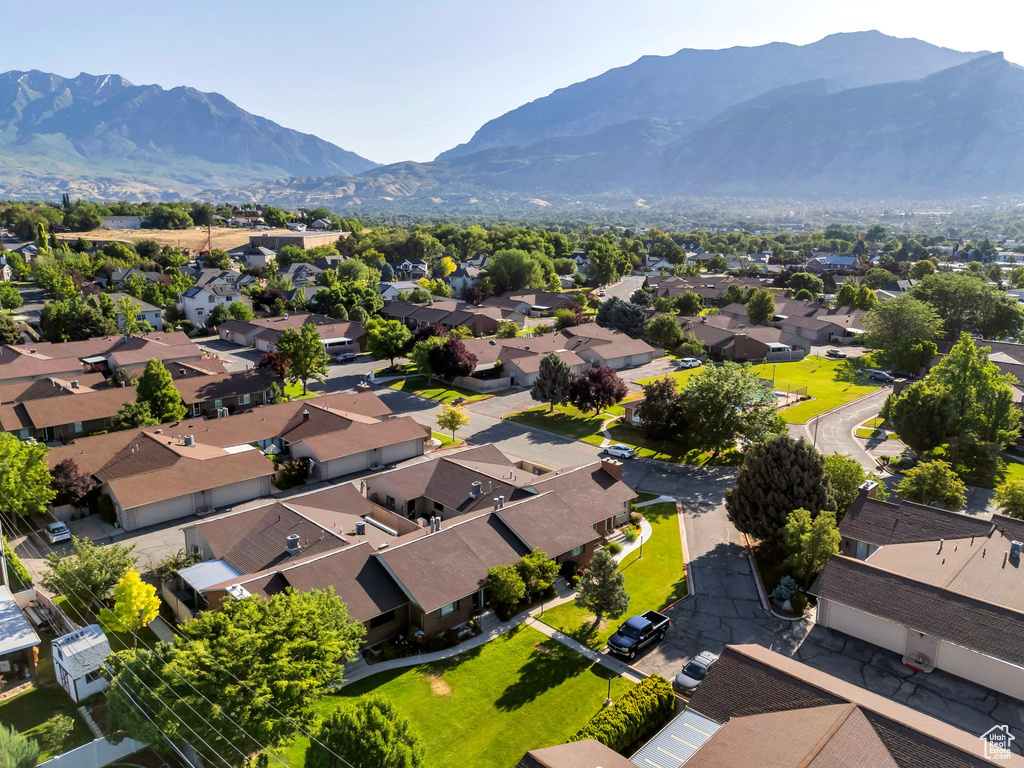 Aerial view of residential area with mountains
