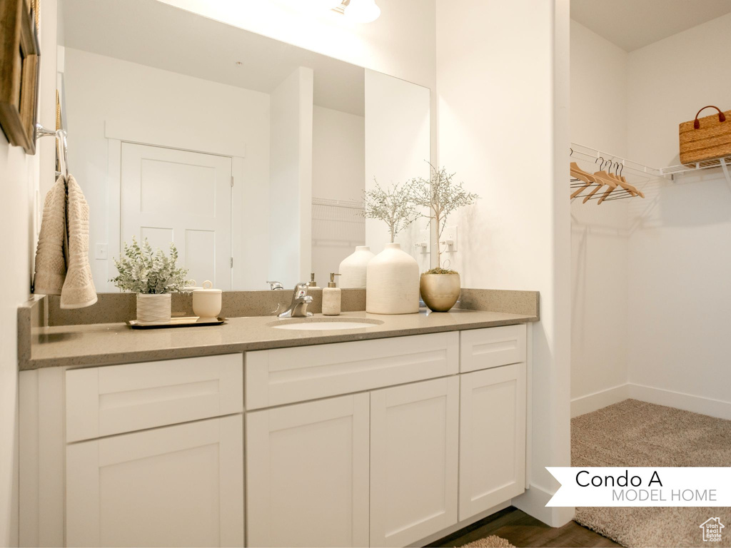 Bathroom with a spacious closet, vanity, and baseboards