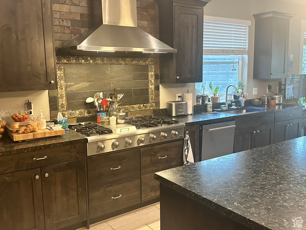 Kitchen with stainless steel appliances, a sink, tasteful backsplash, dark brown cabinets, and wall chimney range hood