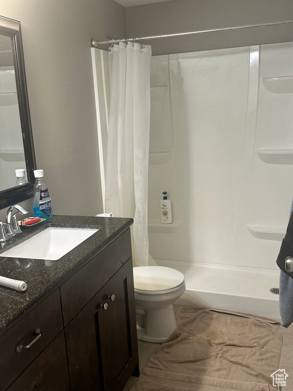 Bathroom featuring toilet, vanity, and a stall shower