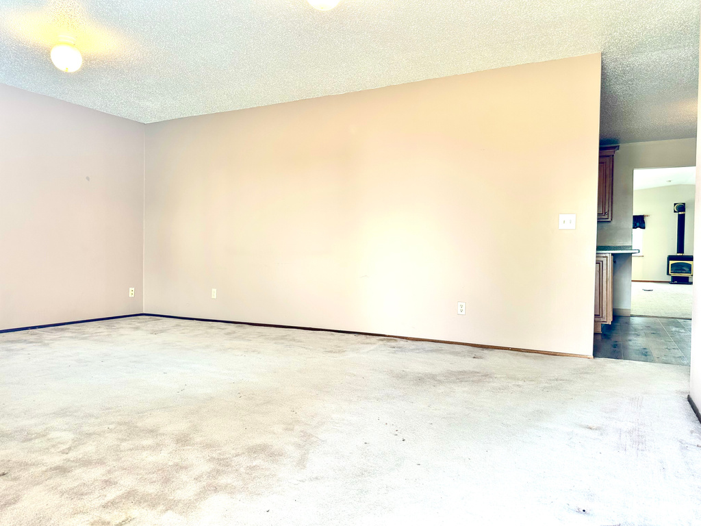 Carpeted empty room featuring a textured ceiling and baseboards