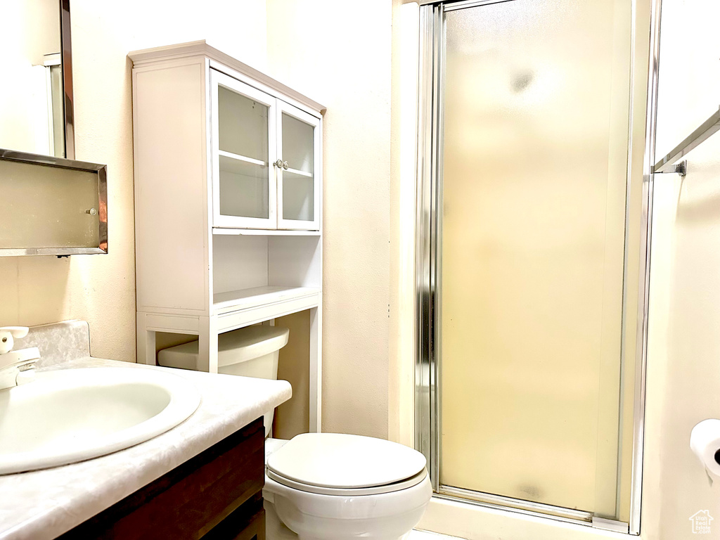 Full bathroom featuring a shower stall, vanity, and toilet