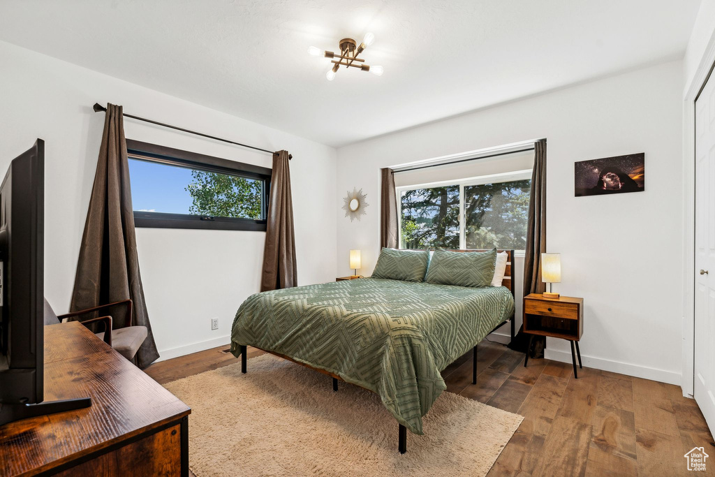 Bedroom featuring baseboards, multiple windows, and wood finished floors