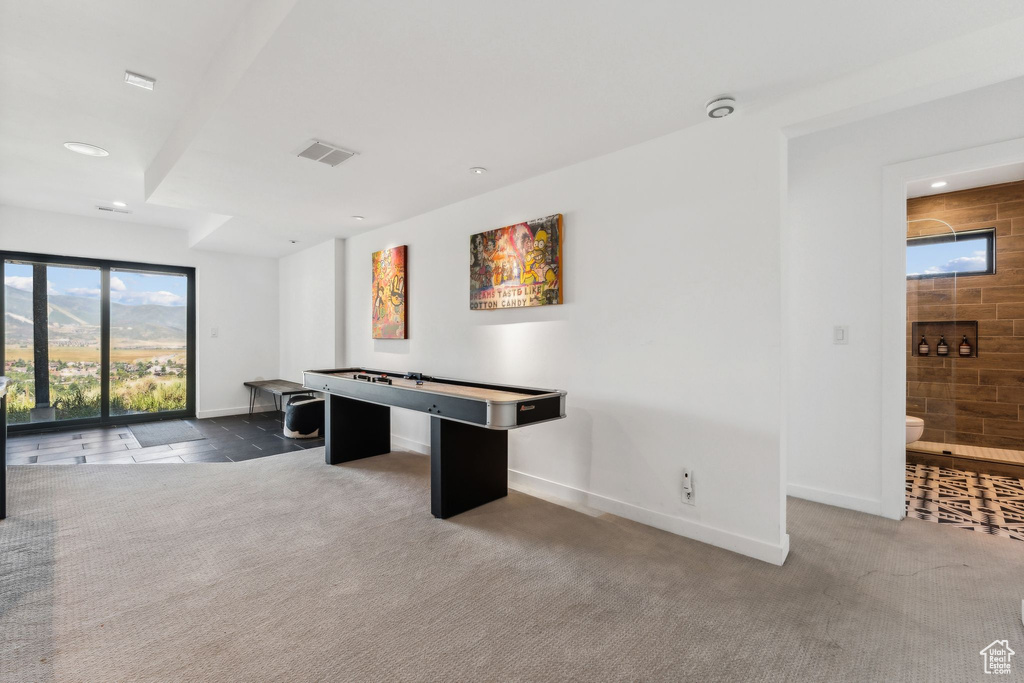 Game room featuring baseboards, carpet, visible vents, and recessed lighting