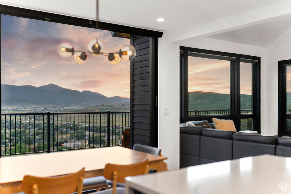 Dining room with a mountain view
