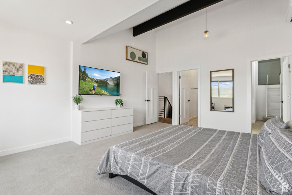 Carpeted bedroom with beam ceiling, baseboards, high vaulted ceiling, and recessed lighting