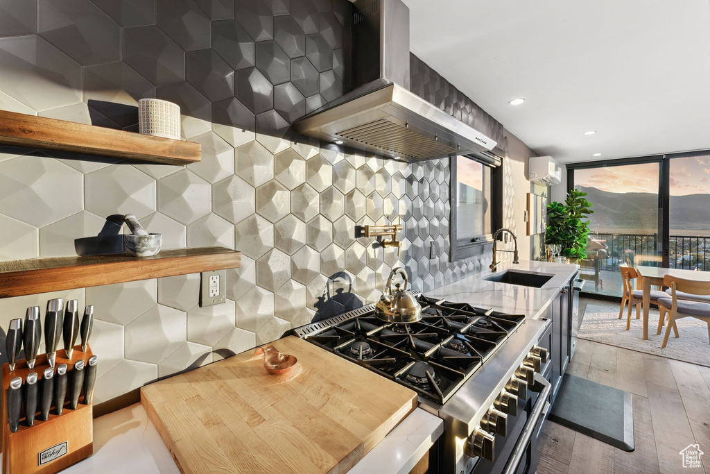 Kitchen featuring tasteful backsplash, a sink, wall chimney range hood, a wall mounted AC, and high end stainless steel range