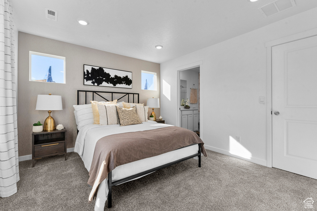 Bedroom featuring recessed lighting, carpet flooring, and visible vents