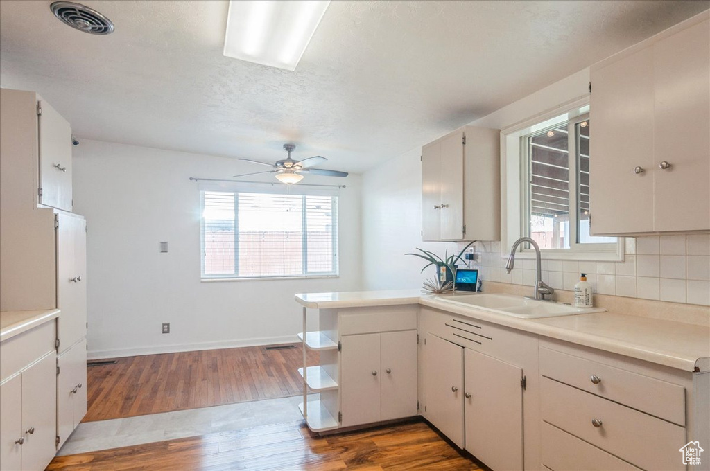 Kitchen featuring ceiling fan, light wood-type flooring, visible vents, a sink, and backsplash