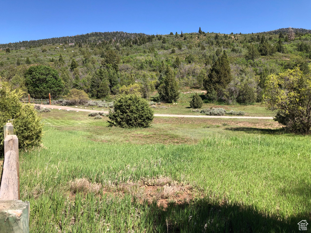 View of mountain backdrop featuring a heavily wooded area and rural landscape
