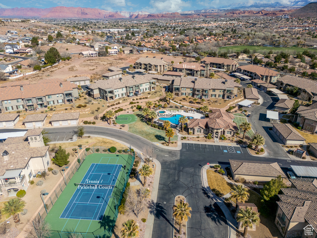 Drone / aerial view with a mountain view and a residential view