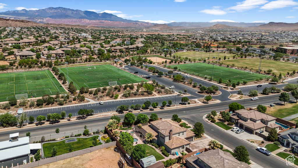 Aerial view of residential area with a mountain backdrop