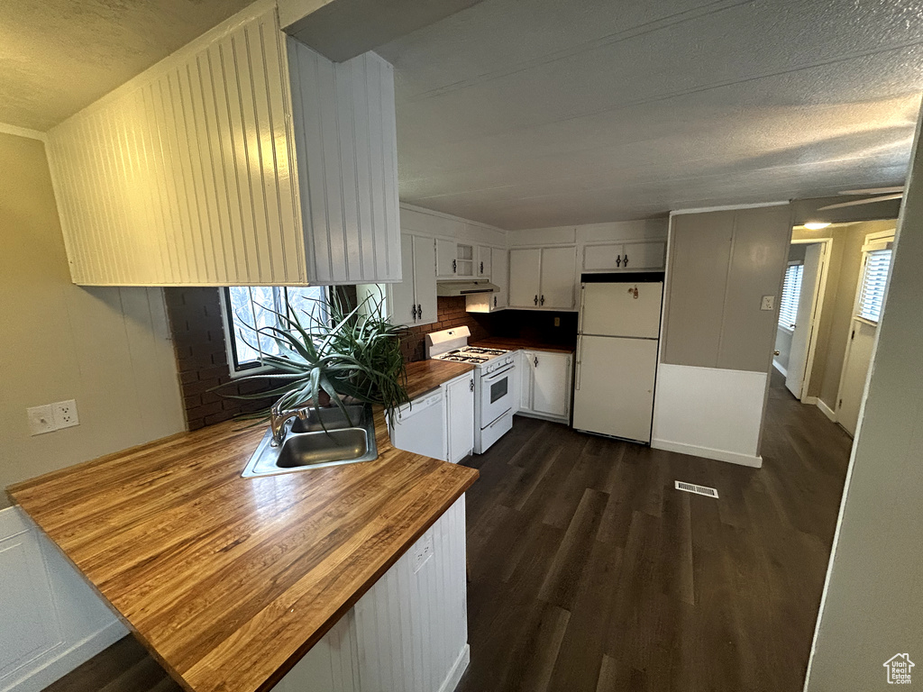 Kitchen featuring a sink, under cabinet range hood, white appliances, and dark wood-style floors