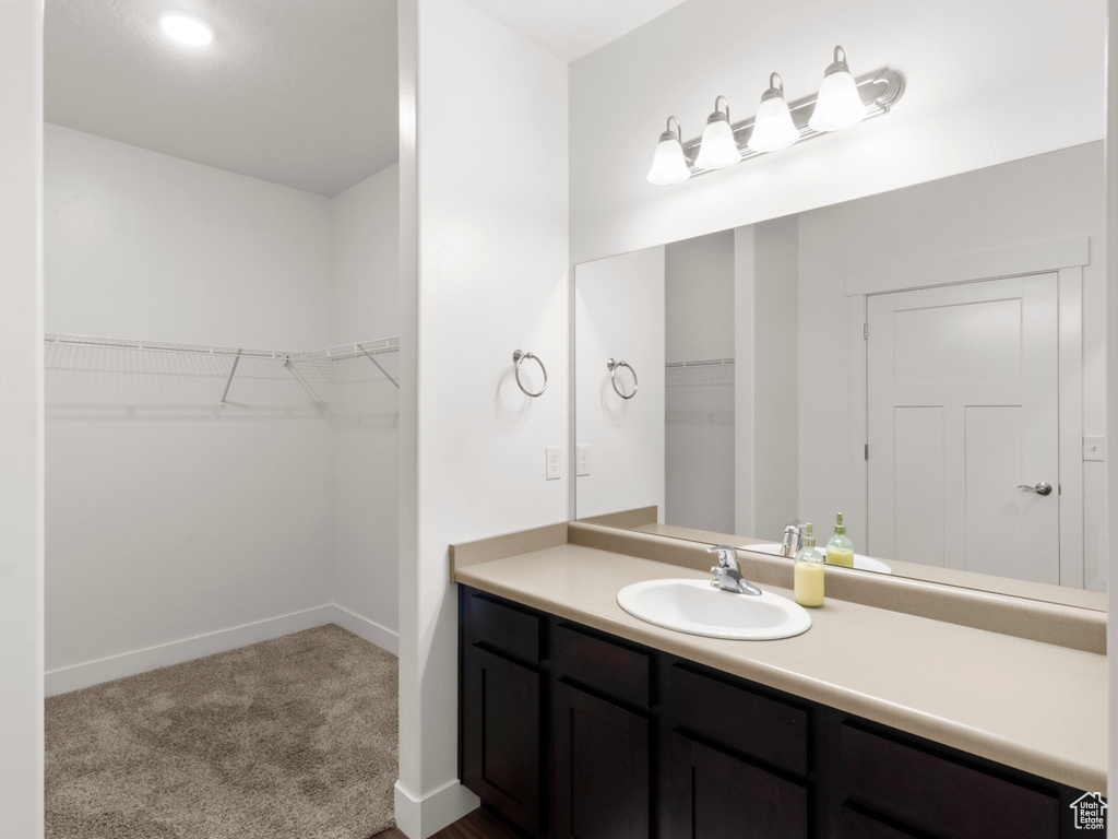 Bathroom featuring vanity, baseboards, and a spacious closet