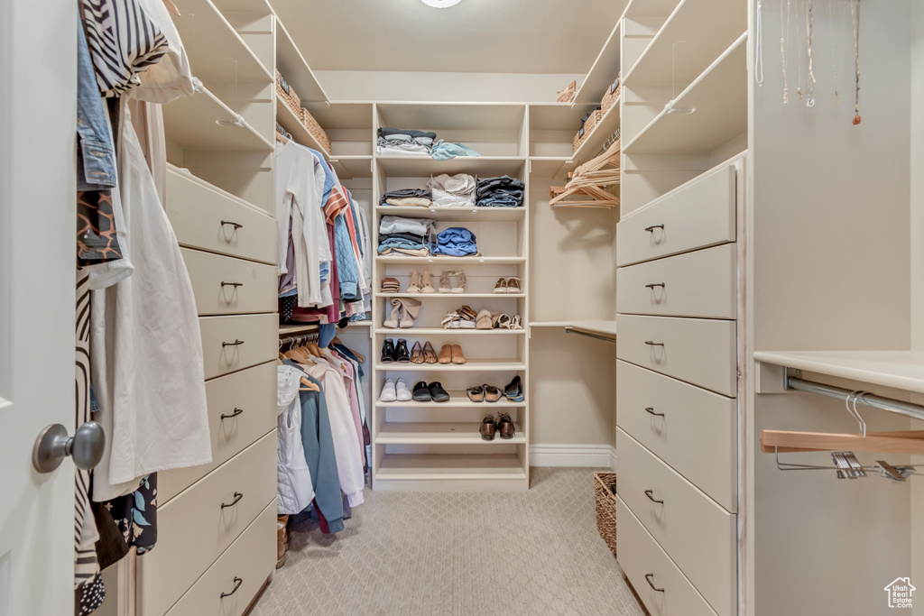 Spacious closet with light carpet
