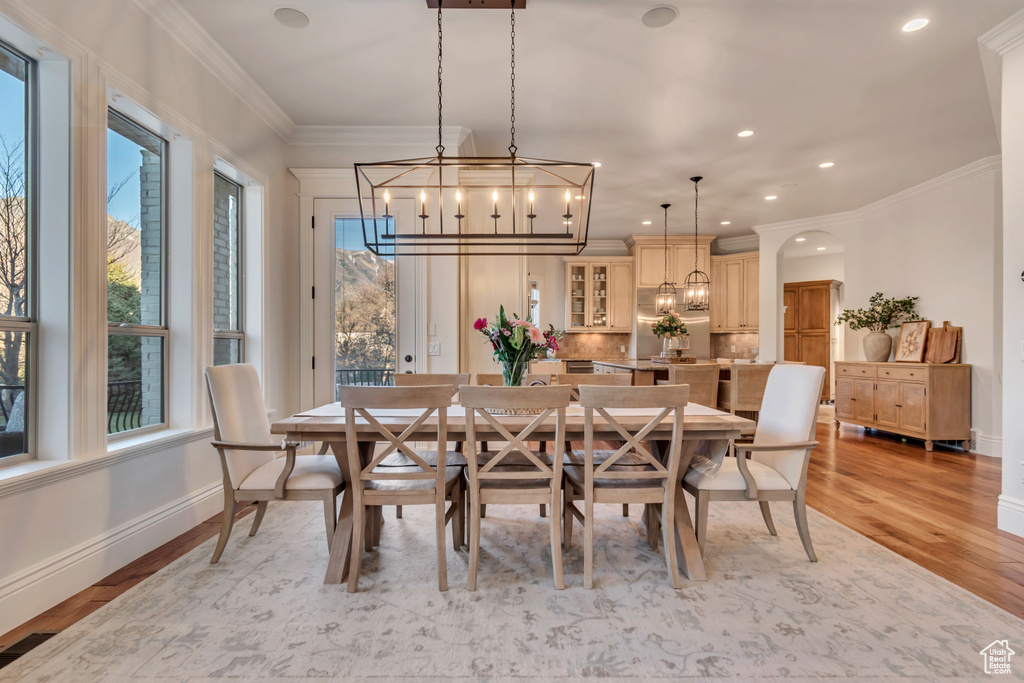 Dining room with a chandelier, light wood-type flooring, and a healthy amount of sunlight